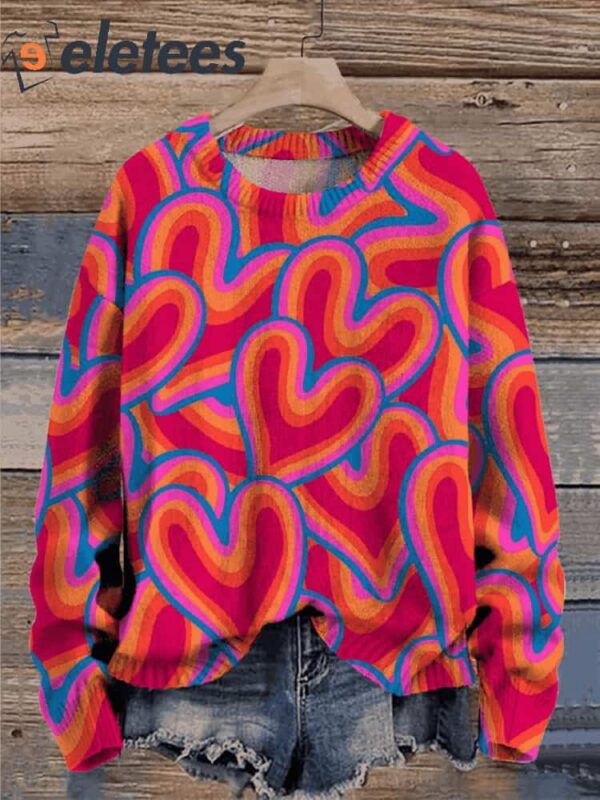 Valentine’s Day Lovely Heart Art Pattern Print Casual Knit Pullover Sweater