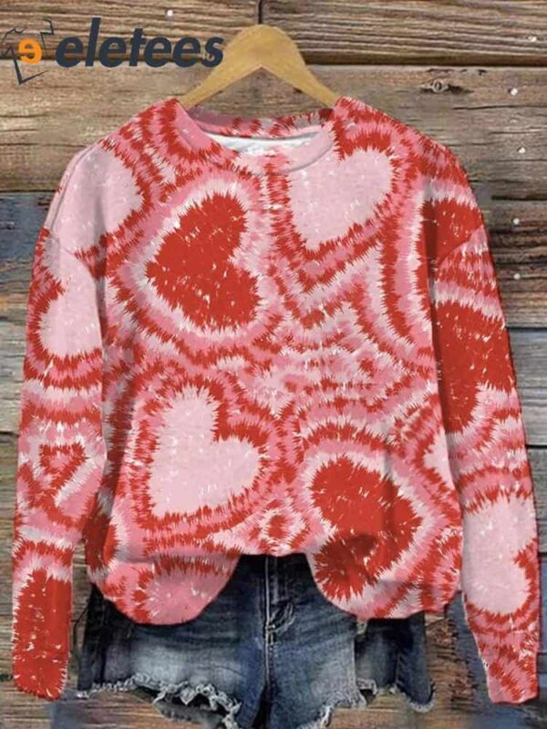Valentine’s Day Lovely Hearts Tie Dye Art Print Pattern Casual Sweatshirt