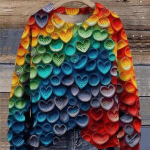 Valentine’s Day Rainbow Lovely Heart Art Pattern Print Casual Knit Pullover Sweater