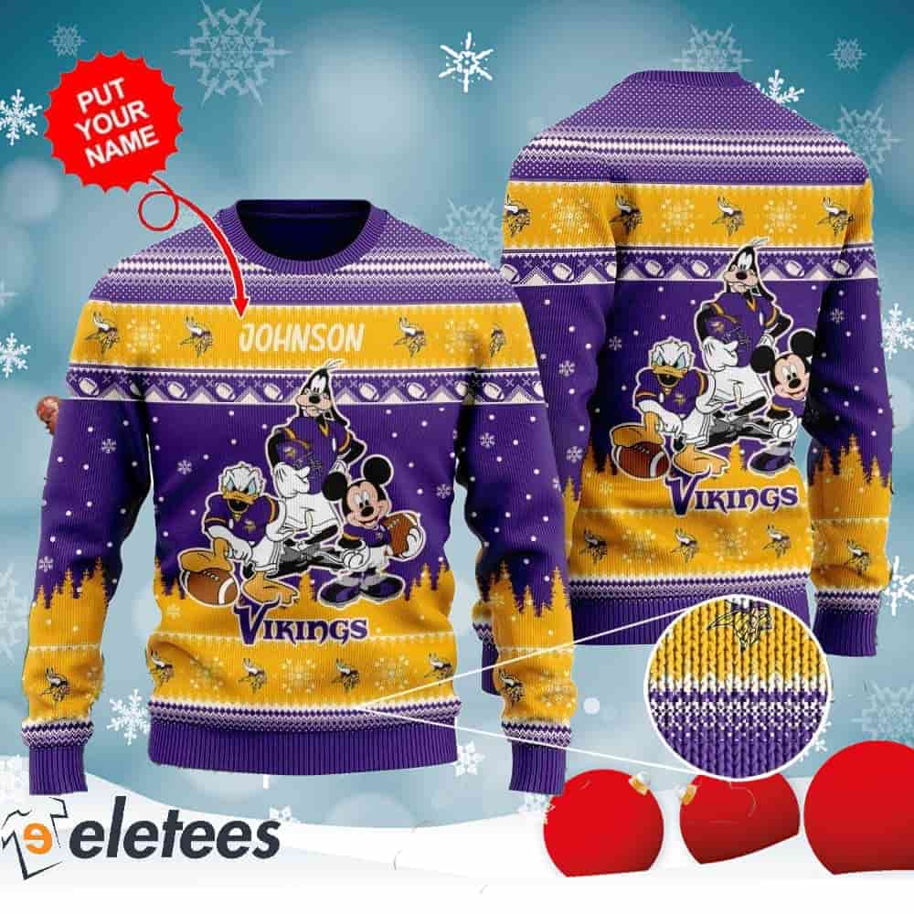 Vikings Donald Duck Mickey Mouse Goofy Personalized Knitted Ugly Christmas Sweater