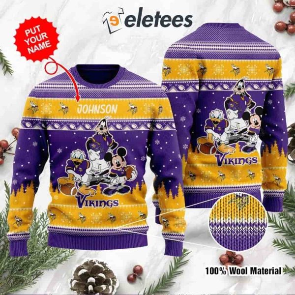Vikings Donald Duck Mickey Mouse Goofy Personalized Knitted Ugly Christmas Sweater