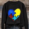 Women’S Casual Autism Awareness Heart Printed Long Sleeve Sweatshirt