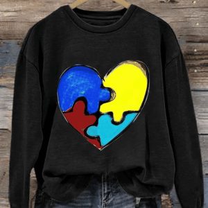WomenS Casual Autism Awareness Heart Printed Long Sleeve Sweatshirt