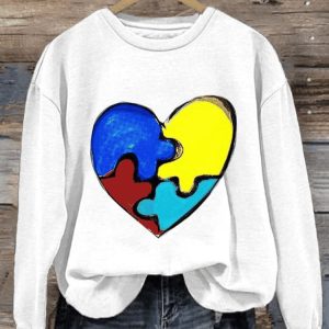WomenS Casual Autism Awareness Heart Printed Long Sleeve Sweatshirt1