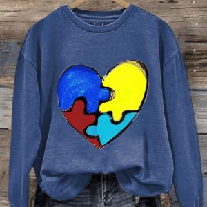 WomenS Casual Autism Awareness Heart Printed Long Sleeve Sweatshirt2