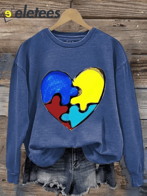 Women’S Casual Autism Awareness Heart Printed Long Sleeve Sweatshirt