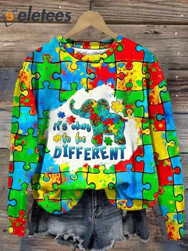 Women’S Casual It’s Okay To Be Different Elephant Autism Awareness Printed Long Sleeve Sweatshirt