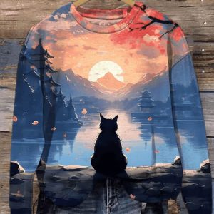 Women’s Black Cat Sunset Mountains Lake Japanese Art Print Sweatshirt