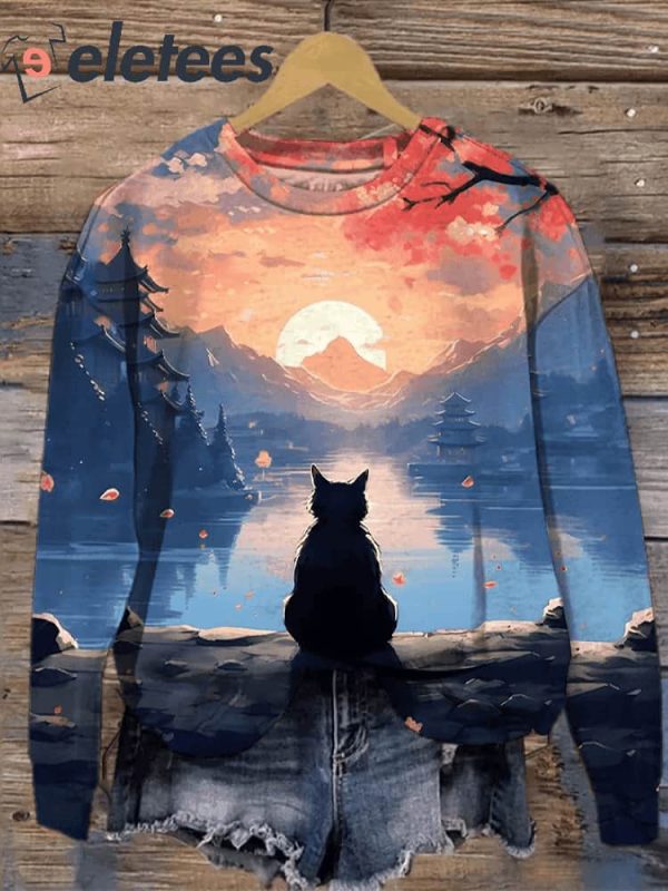 Women’s Black Cat Sunset Mountains Lake Japanese Art Print Sweatshirt
