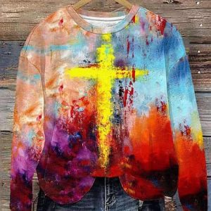 Women’s Casual Abstract Cross Print Long Sleeve Hooded Sweatshirt