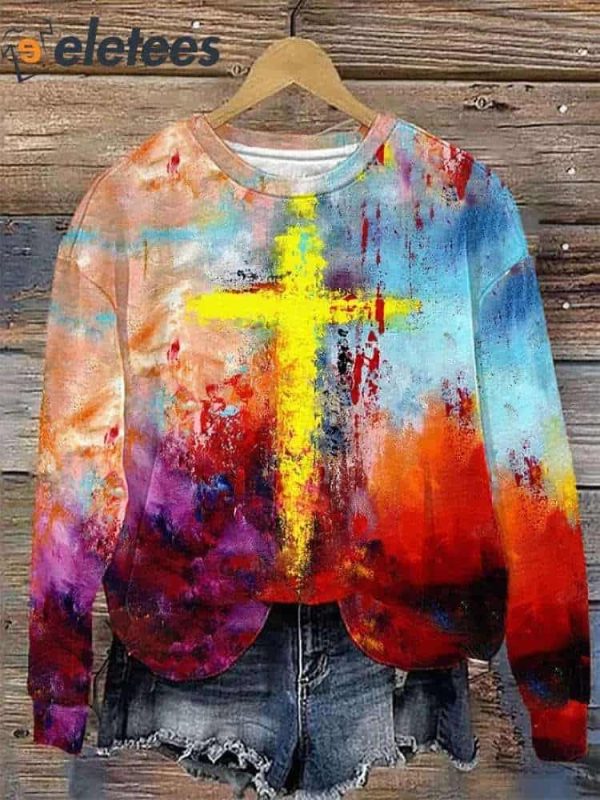 Women’s Casual Abstract Cross Print Long Sleeve Hooded Sweatshirt