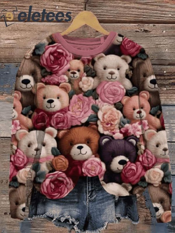 Women’s Christmas Gift Funny Bear Art Print Knit Pullover Sweatshirt