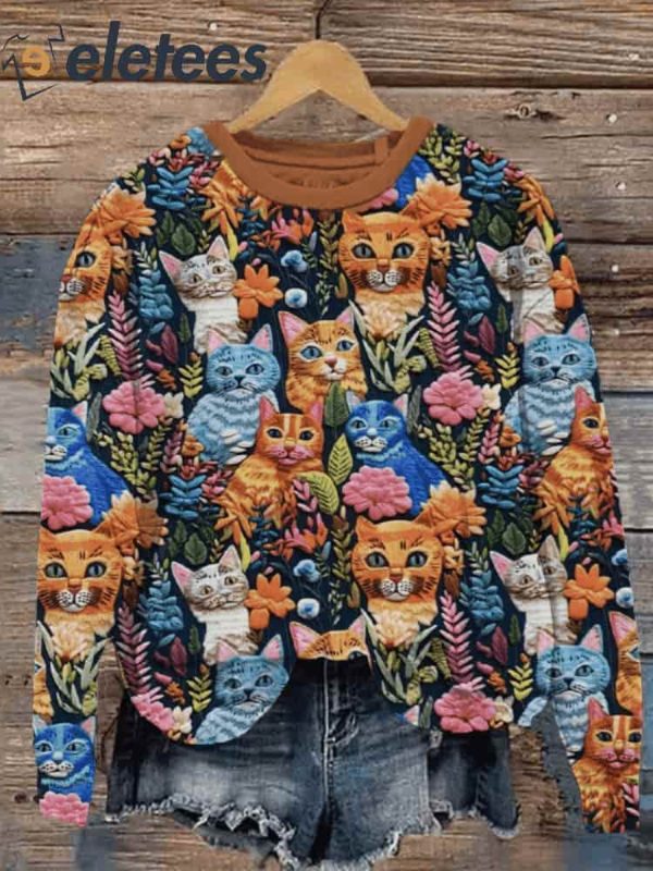 Women’s Christmas Gift Funny Cat Art Print Knit Pullover Sweatshirt