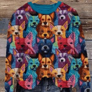 Women’s Christmas Gift Funny Dog Art Print Knit Pullover Sweatshirt