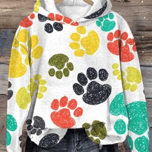 Women’s Color Simple Drawing Dog Paw Print Hoodie