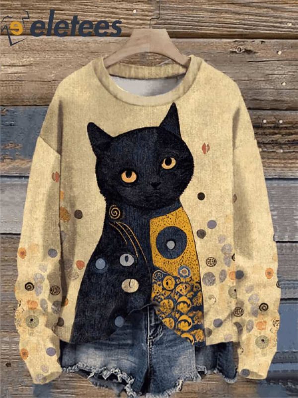 Women’s Colorful Dotted Mysterious Black Cat Print Casual Sweatshirt