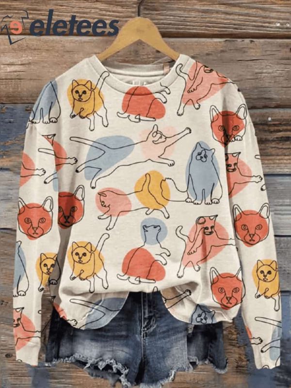 Women’s Colorful Simple Line Cat Posture Print Casual Sweatshirt