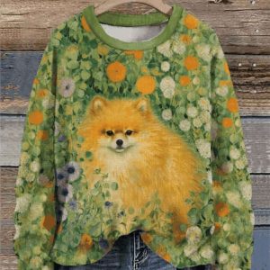 Women’s Cute Dog Flower Oil Watercolor Art Print Casual Sweatshirt