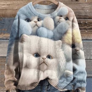 Women’s Cute Fun Macaron Cat Plush Print Casual Sweatshirt