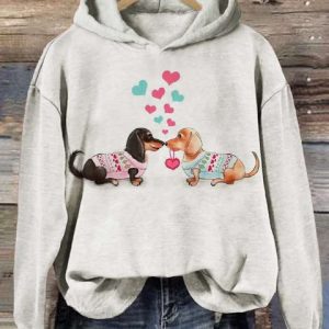 Women’s Cute Sweater Dachshunds Love Heart Print Casual Hoodie