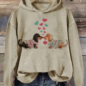 Womens Cute Sweater Dachshunds Love Heart Print Casual Hoodie 3