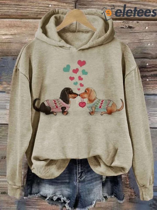 Women’s Cute Sweater Dachshunds Love Heart Print Casual Hoodie