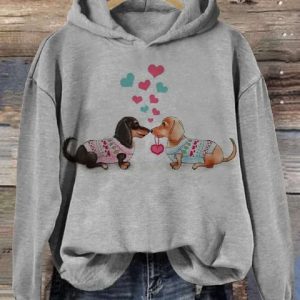 Womens Cute Sweater Dachshunds Love Heart Print Casual Hoodie 4