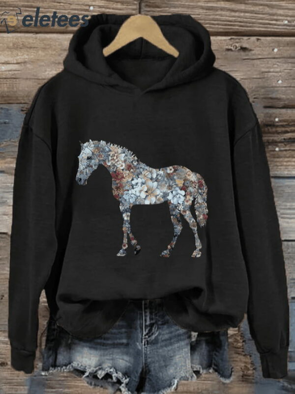 Women’s Floral Horse Lover Print Hooded Sweatshirt