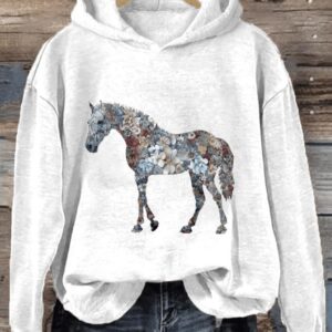 Womens Floral Horse Lover Print Hooded Sweatshirt1