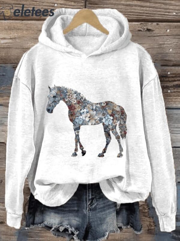 Women’s Floral Horse Lover Print Hooded Sweatshirt