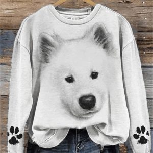 Women’s Fluffy Samoyed Dog Face Paw Prints Sweatshirt