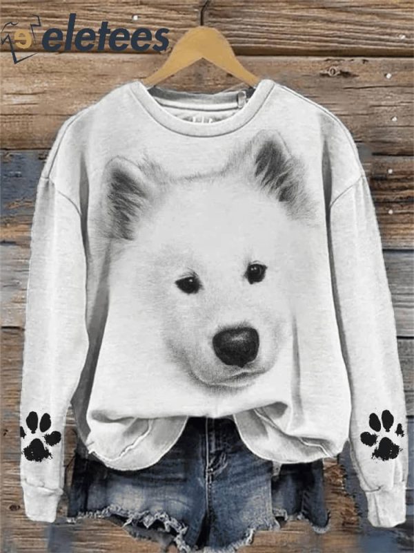 Women’s Fluffy Samoyed Dog Face Paw Prints Sweatshirt