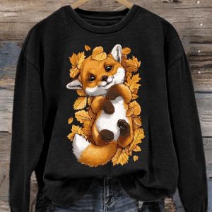 Womens Fun Maple Leaf Fox Printed Sweatshirt