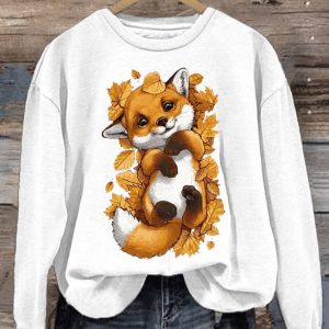 Womens Fun Maple Leaf Fox Printed Sweatshirt1