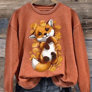 Womens Fun Maple Leaf Fox Printed Sweatshirt2