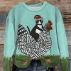 Women’s Funny Christmas Cat And Sledding Chicken Print Sweatshirt