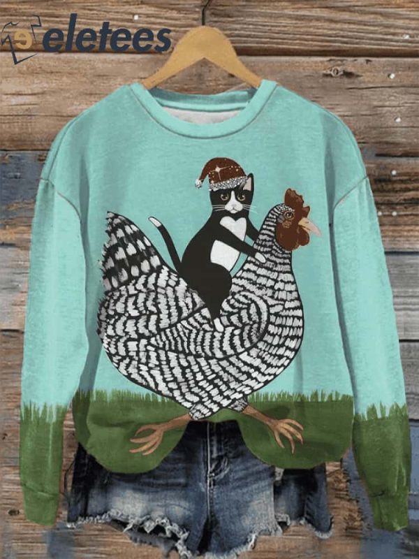 Women’s Funny Christmas Cat And Sledding Chicken Print Sweatshirt
