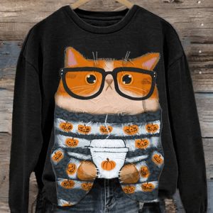 Womens Halloween Pumpkin Cat Print Round Neck Sweatshirt