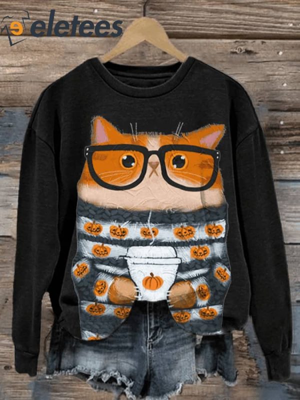 Women’s Halloween Pumpkin Cat Print Round Neck Sweatshirt