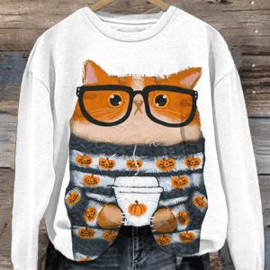 Womens Halloween Pumpkin Cat Print Round Neck Sweatshirt1