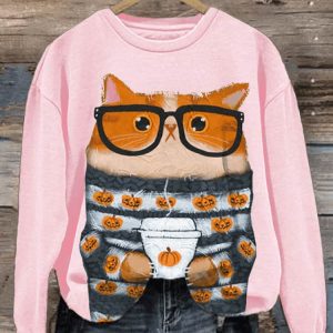 Womens Halloween Pumpkin Cat Print Round Neck Sweatshirt2