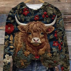 Women’s Highland Cow Flowers Print Casual Sweatshirt
