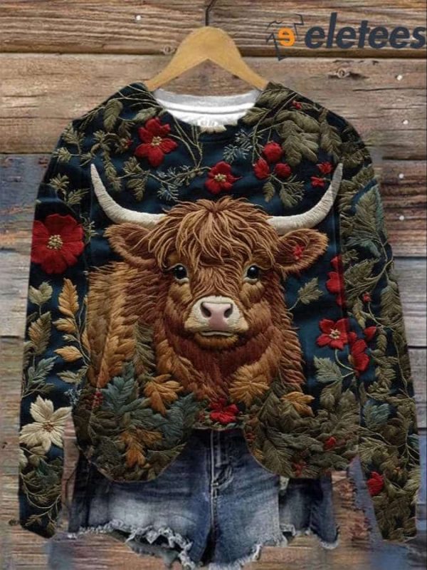 Women’s Highland Cow Flowers Print Casual Sweatshirt
