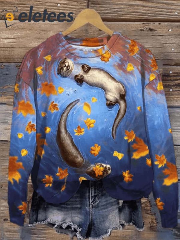 Women’s Leisurely Otter Maple Leaf Pattern Print Sweatshirt