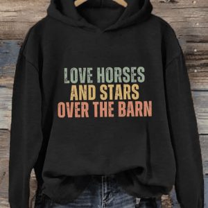 Womens Love Horses And Stars Over The Barn Printed Hoodie