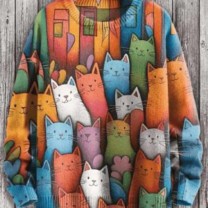 Womens Multicolor Stacked Cute Cats Print Casual Sweatshirt