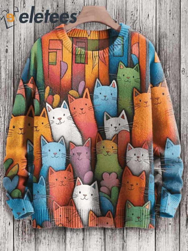 Women’s Multicolor Stacked Cute Cats Print Casual Sweatshirt