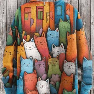 Womens Multicolor Stacked Cute Cats Print Casual Sweatshirt1
