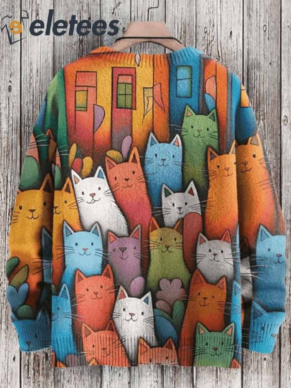 Women’s Multicolor Stacked Cute Cats Print Casual Sweatshirt