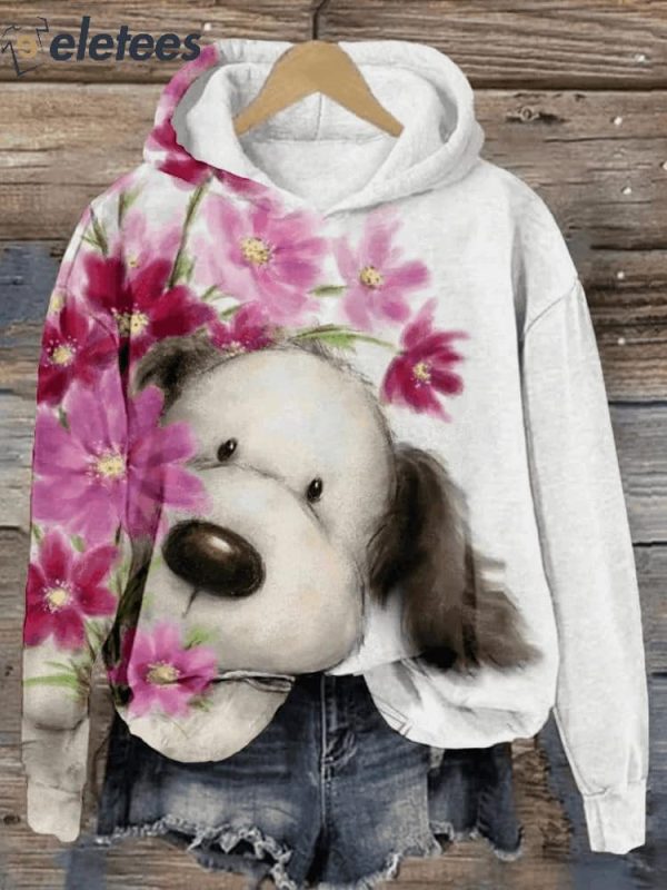 Women’s Pink Flowers Cute Shy Dog Print Casual Hoodie